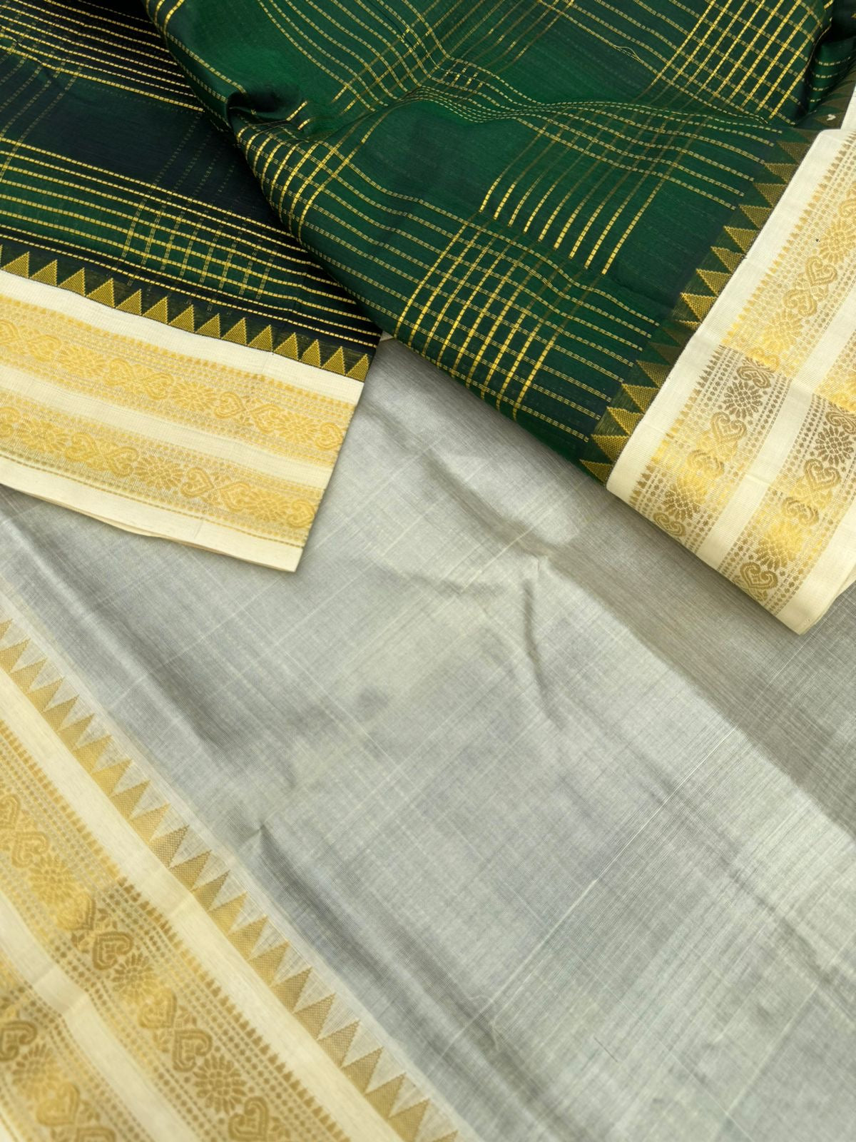 Korvai Silk Cottons - deep dark forest green off white and gold