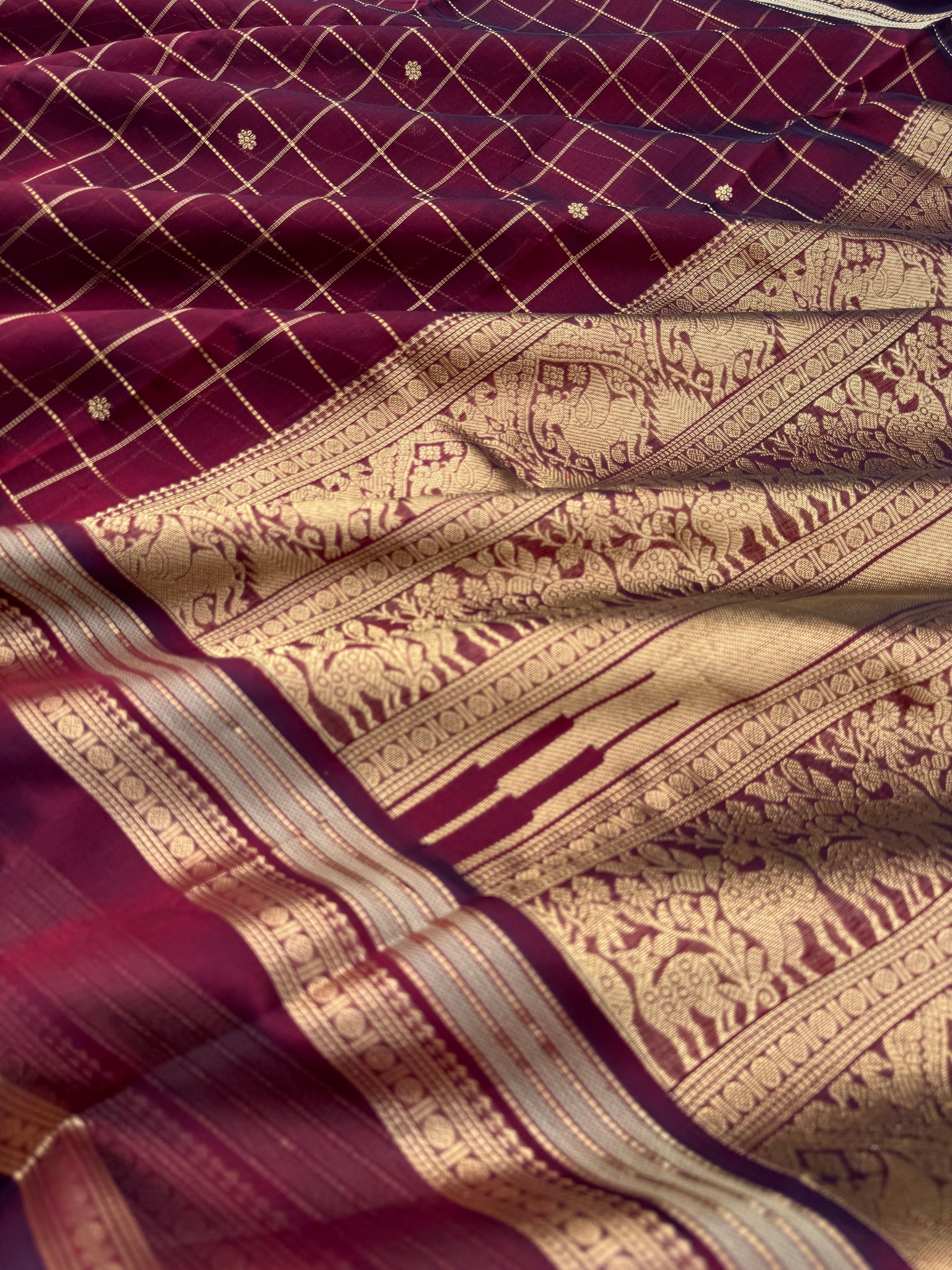 Zari Kissed Silk Cotton - deep dark wine muthukattam and buttas with grandest pallu