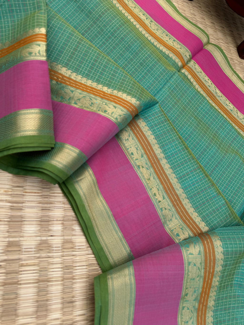 Woven Motifs Silk Cotton - a pale aqua tone lakshadeepam