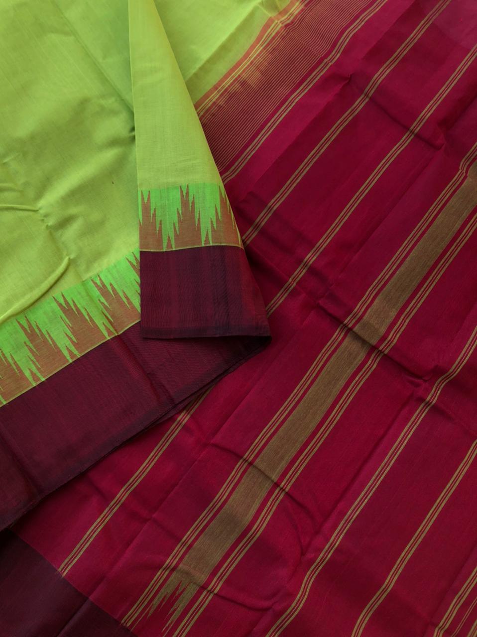 Cotton body with Pure Silk One Side Korvai Borders - fresh green and maroon