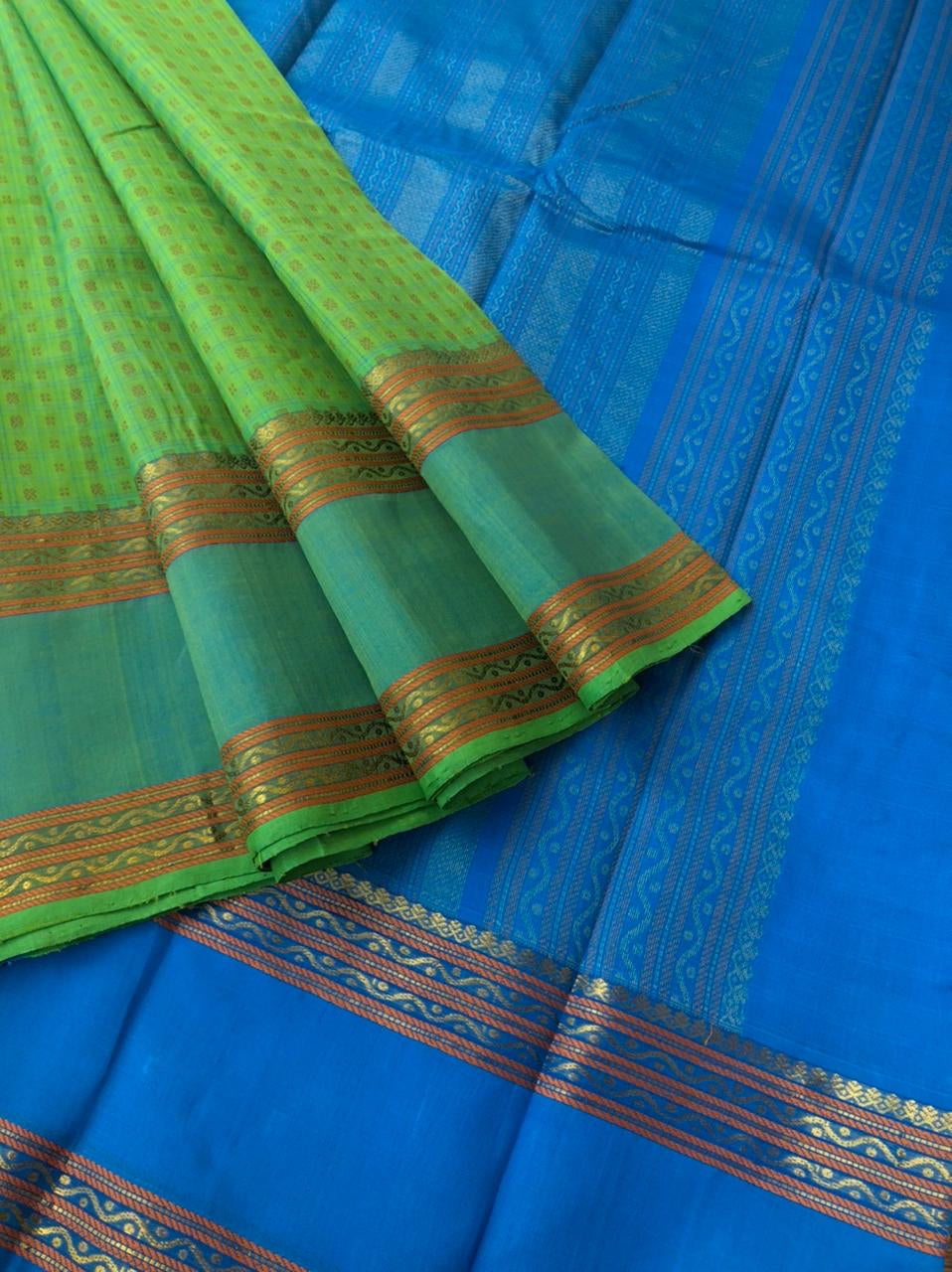 Woven Motifs Silk Cotton - apple green and blue Lakshadeepam