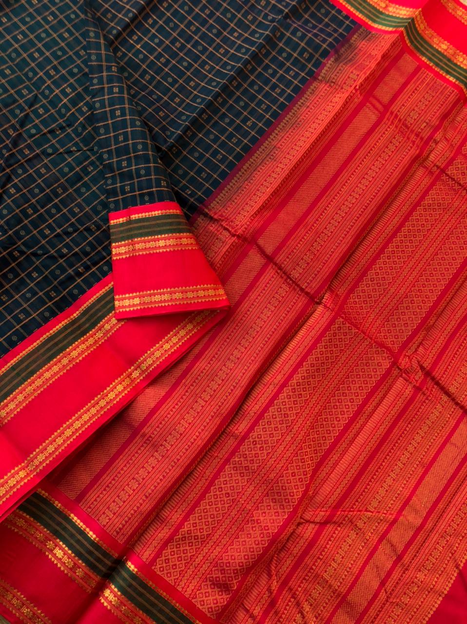 Divyam - Korvai Silk Cotton with Pure Silk Woven Borders - deep dark forest green and red Lakshadeepam