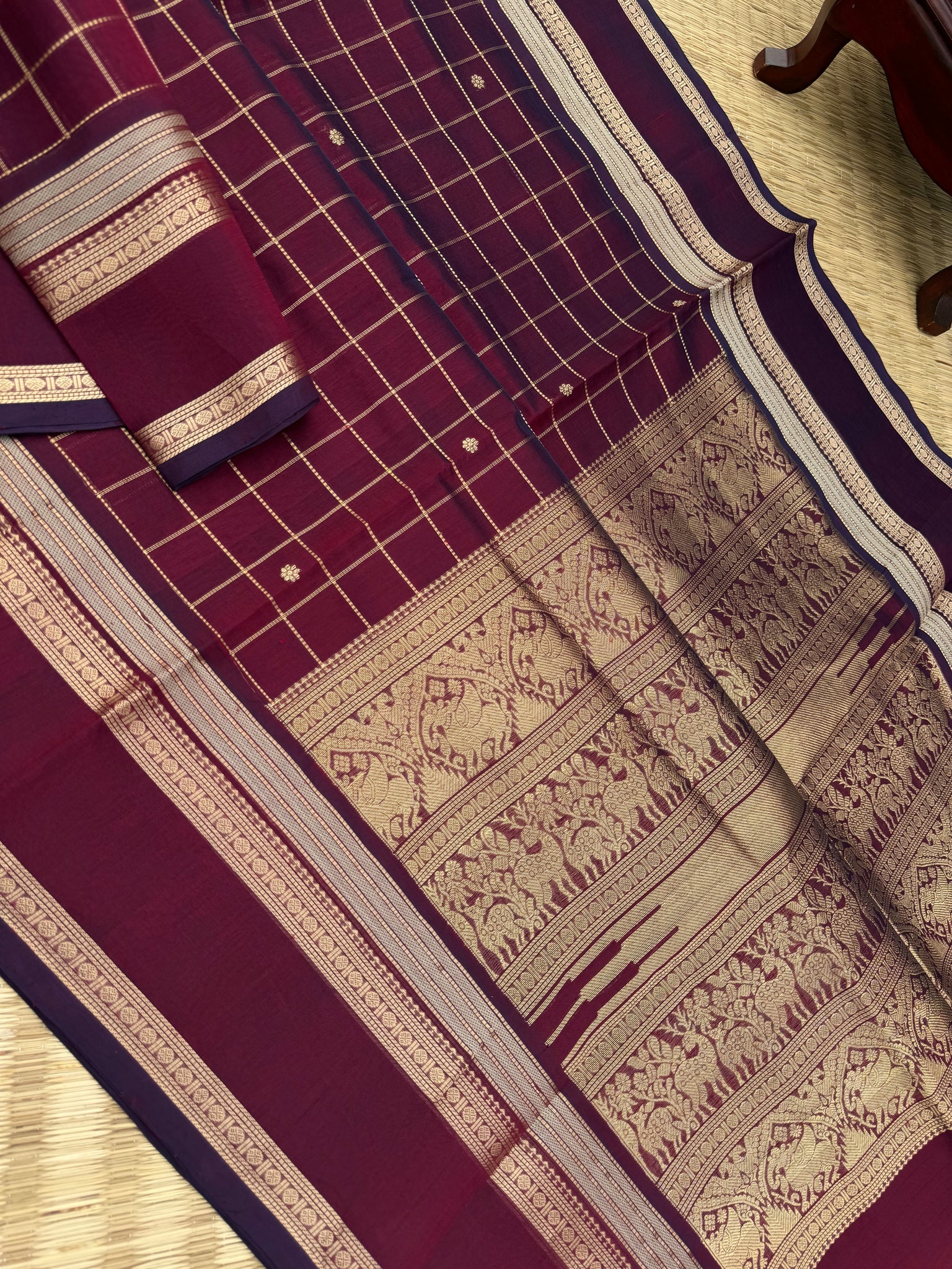 Zari Kissed Silk Cotton - deep dark wine muthukattam and buttas with grandest pallu