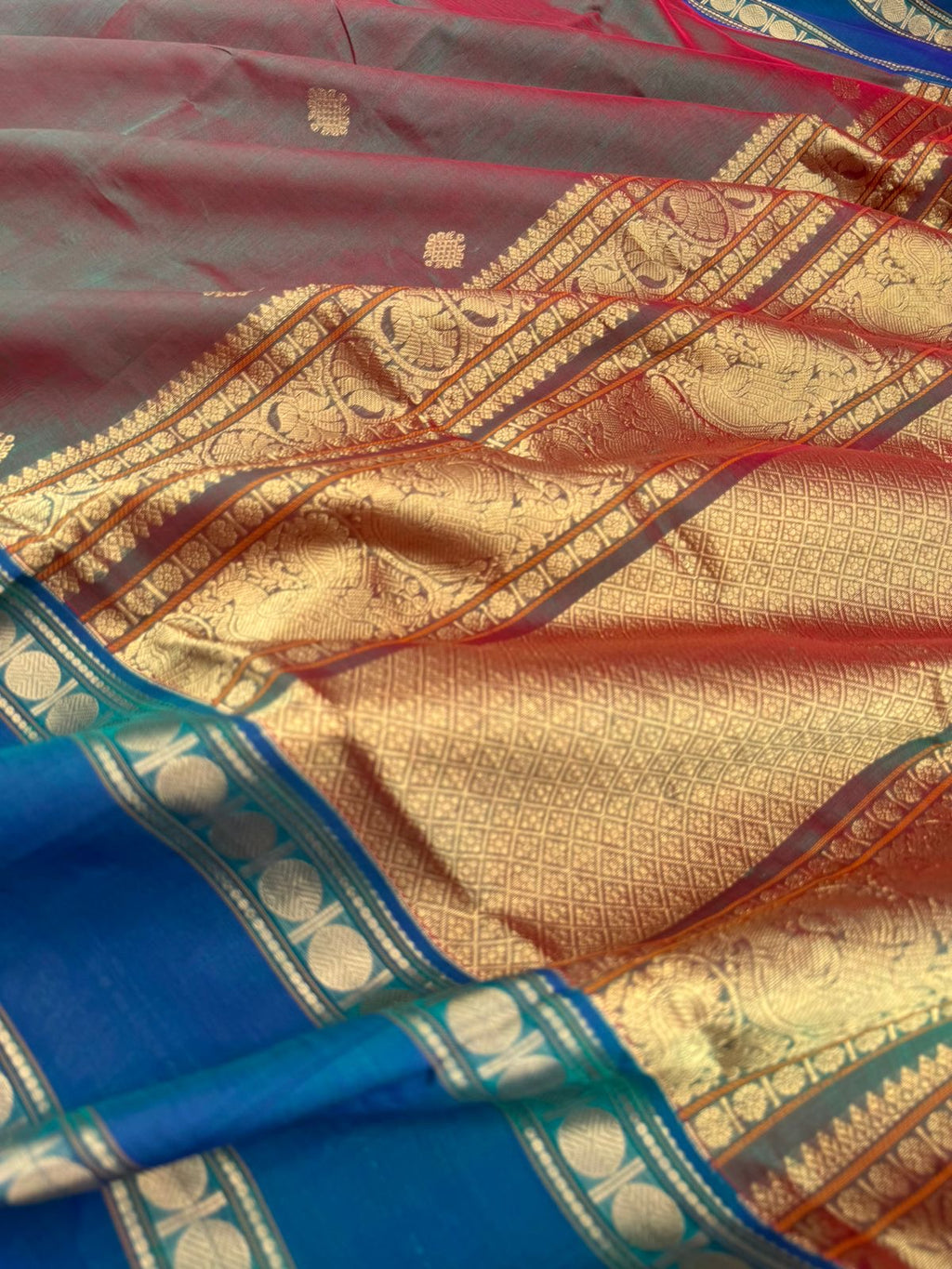 Zari Kissed Silk Cotton - maanthulir tone kolam buttas with peacock blue borders