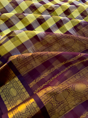 Korvai Silk Cotton - creamy yellow and burgundy chex