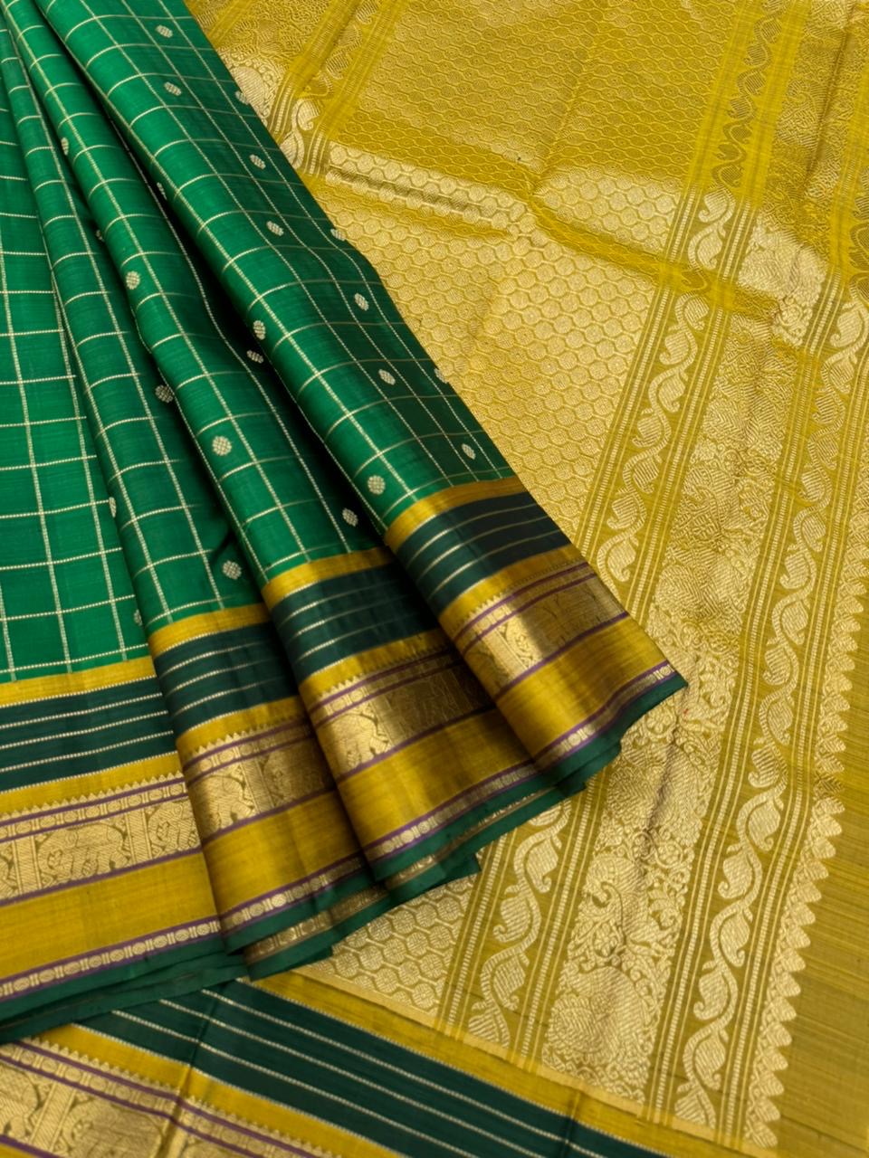 Kanchivaram Trunk - a stunning green and fenugreek mustard kattam and butta woven Kanchivaram