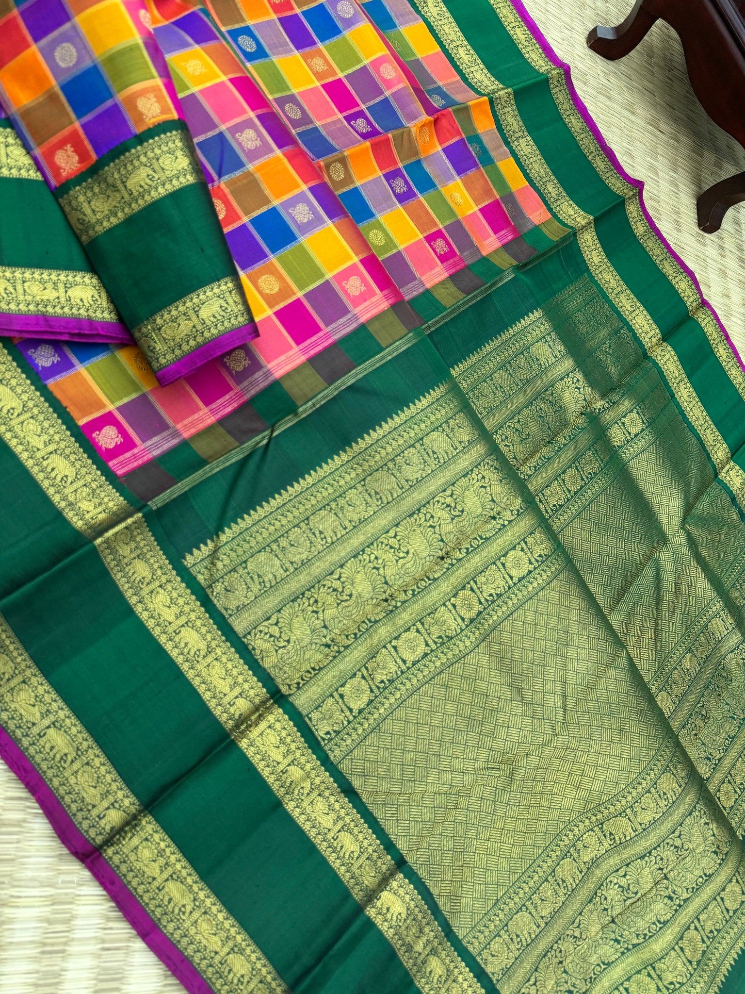 Paalum palamum kattam on Kanchivaram - a one of a kind blue pink mustard chex with bottle green vintage borders pallu and blouse
