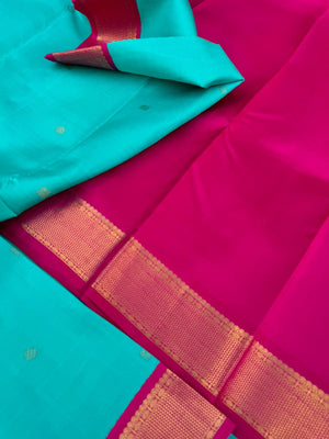Kamakshi - Heirloom Korvai Kanchivaram - gorgeous turquoise blue and pink with aarai maadam woven borders