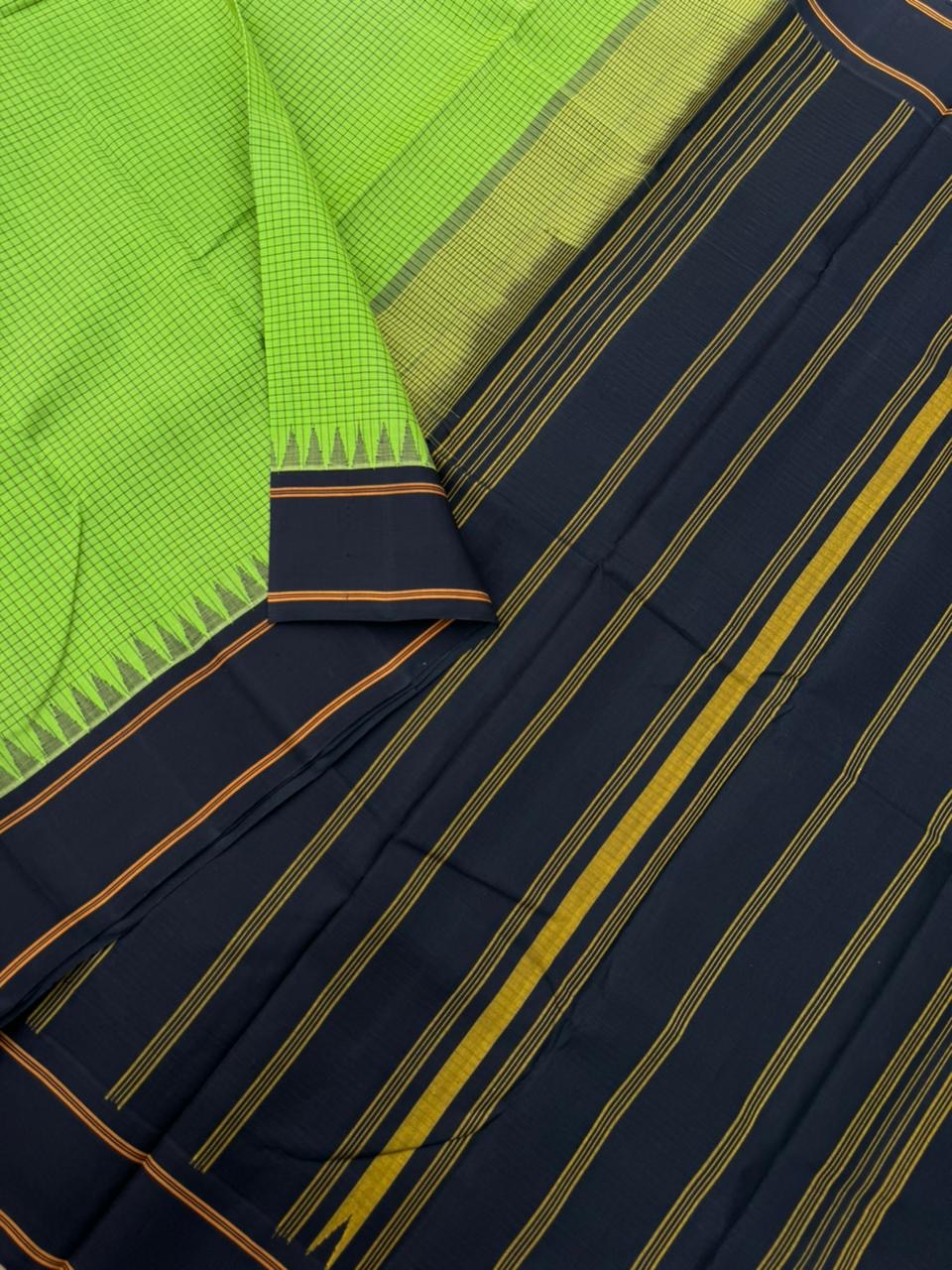 Signature Silk Cotton - leaf green and black podi kattam