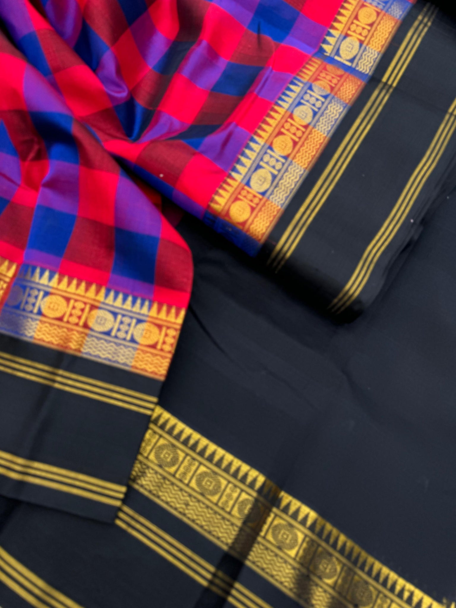Korvai Silk Cottons -dark red and blue chex with black pallu and blouse