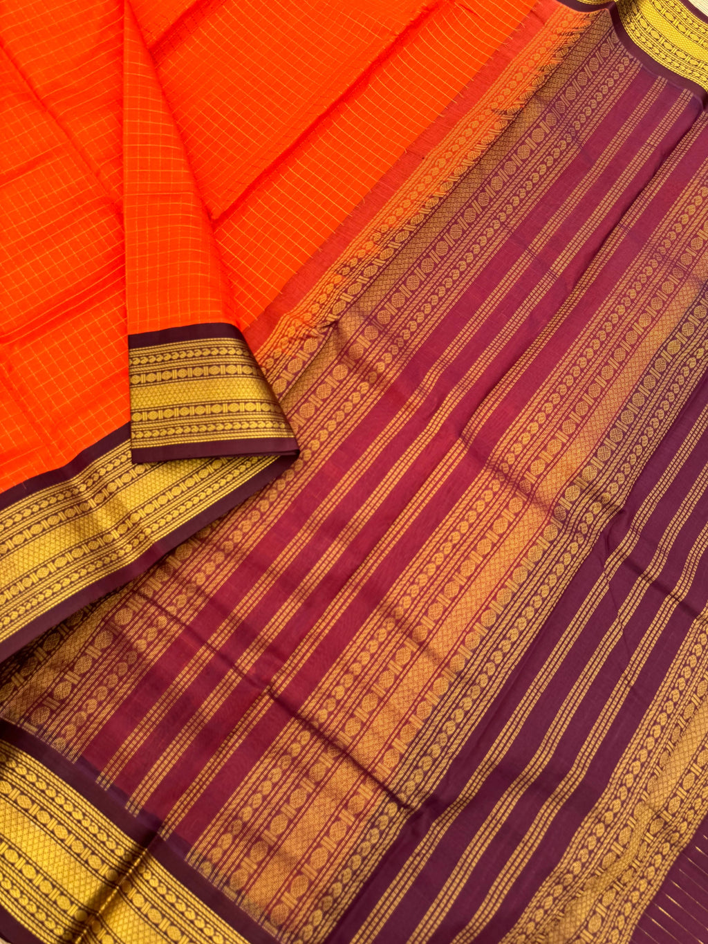 Korvai Silk Cottons - orange and burgundy zari kattam