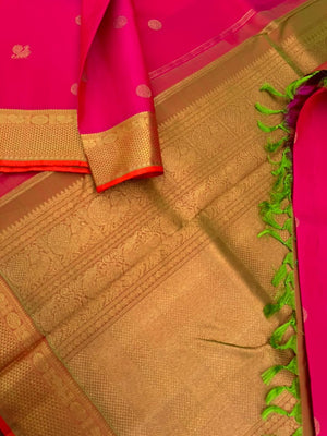 Kanchivaram Trunk - most beautiful pink and maanthulir green pallu and blouse with solid gold zari woven borders