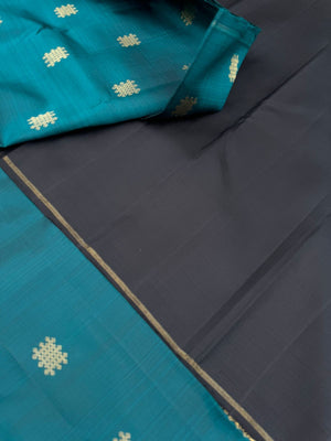Mohaa - Rarest Borderless Kanchivarams - dark deep burnt blue/green ( a rare tone ) with grand black pallu and blouse