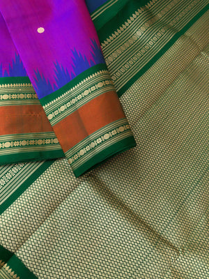 Sahasra - Beauty of No Zari Korvai Kanchivaram - most beautiful dual tone purple body and Meenakshi green mayil kann woven pallu and blouse