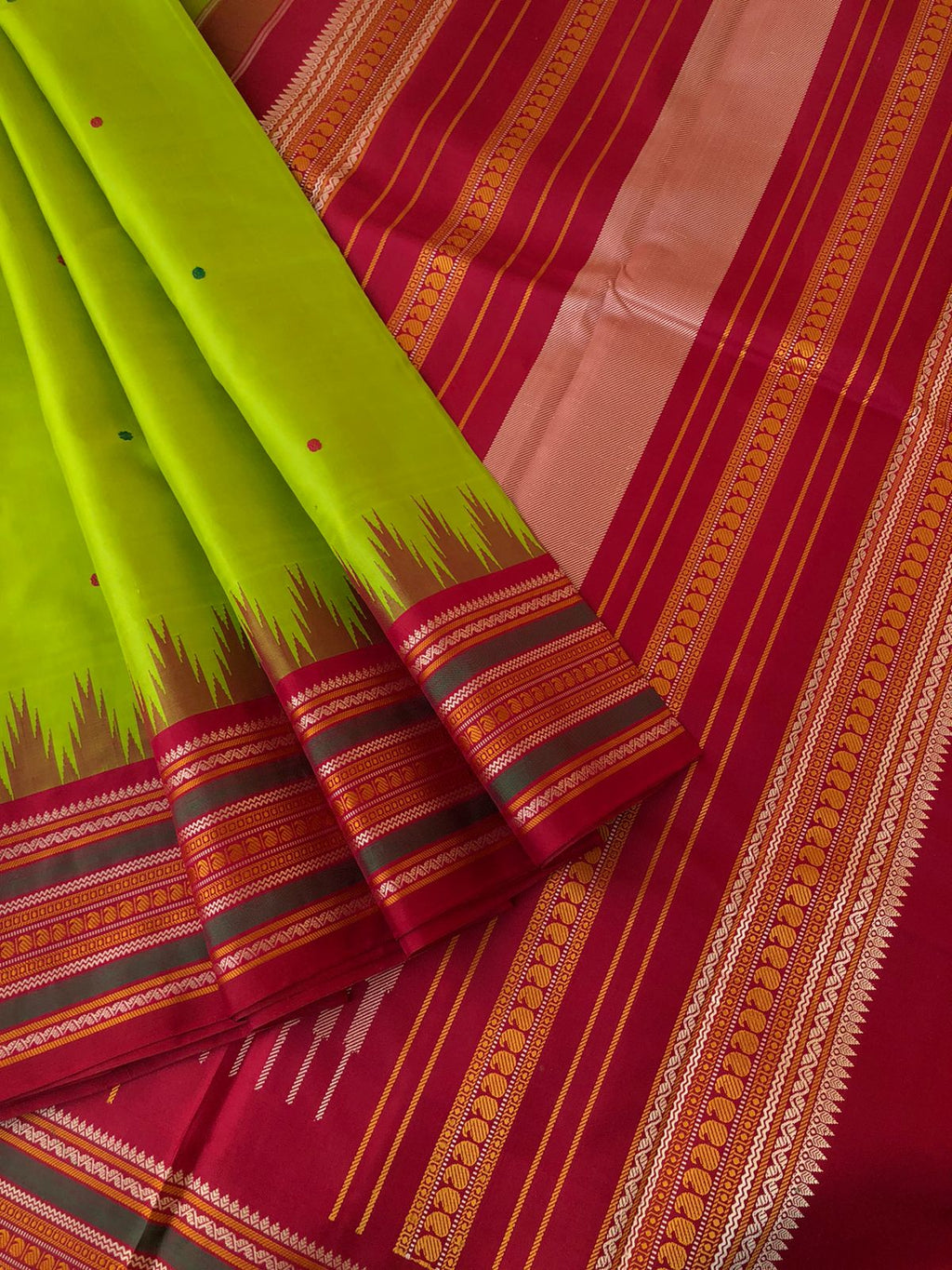Silk Play on No Zari Kanchivaram - parrot green and aaraku with stunning intricate woven borders