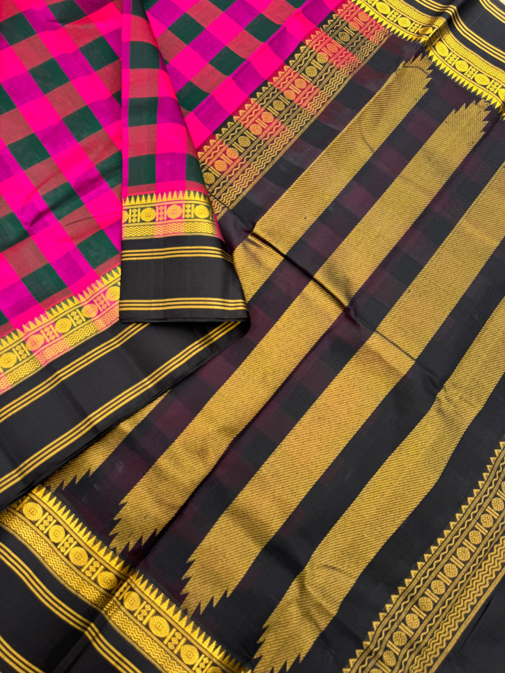 Korvai Silk Cottons -dark pink and dark green body chex with black pallu and blouse