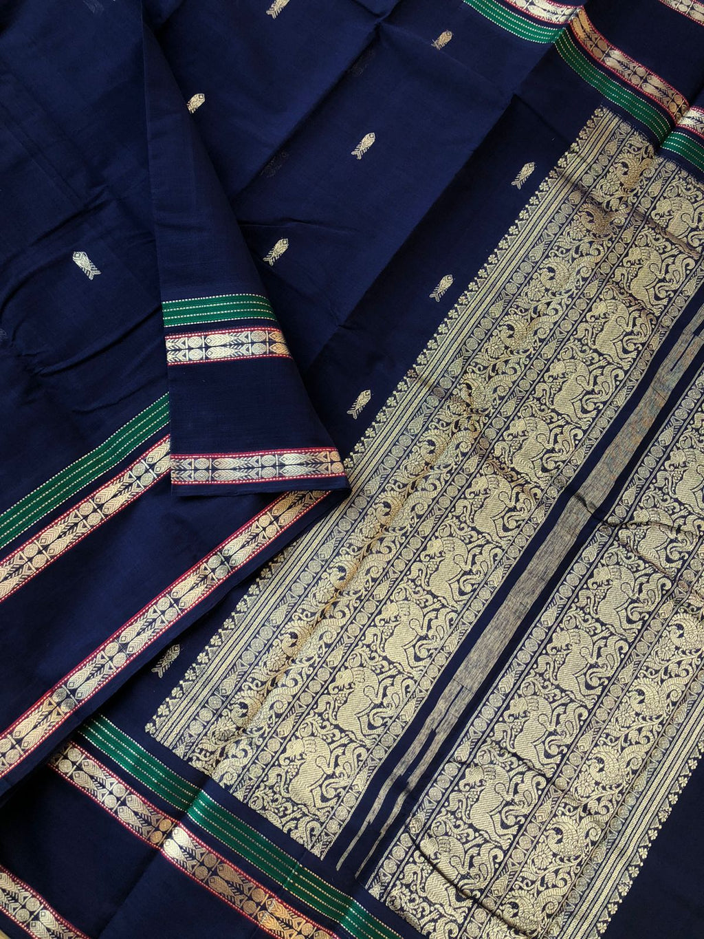 Mangalavastaram - Zari Touched - stunning fish motifs woven borders and fish motifs woven buttas in deep navy blue