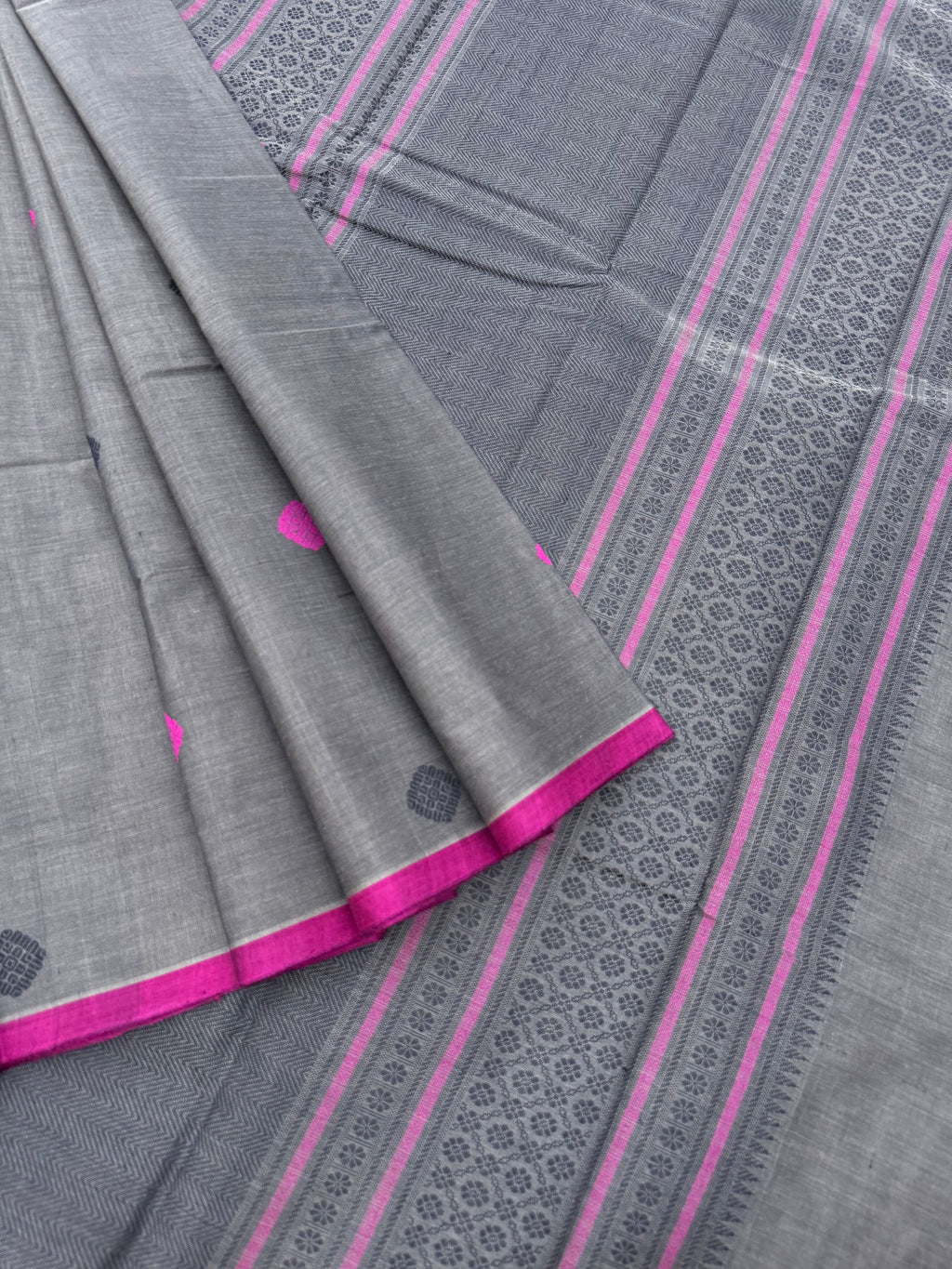 Corporate Style Mangalavastaram - ash grey and pink sleeve edge