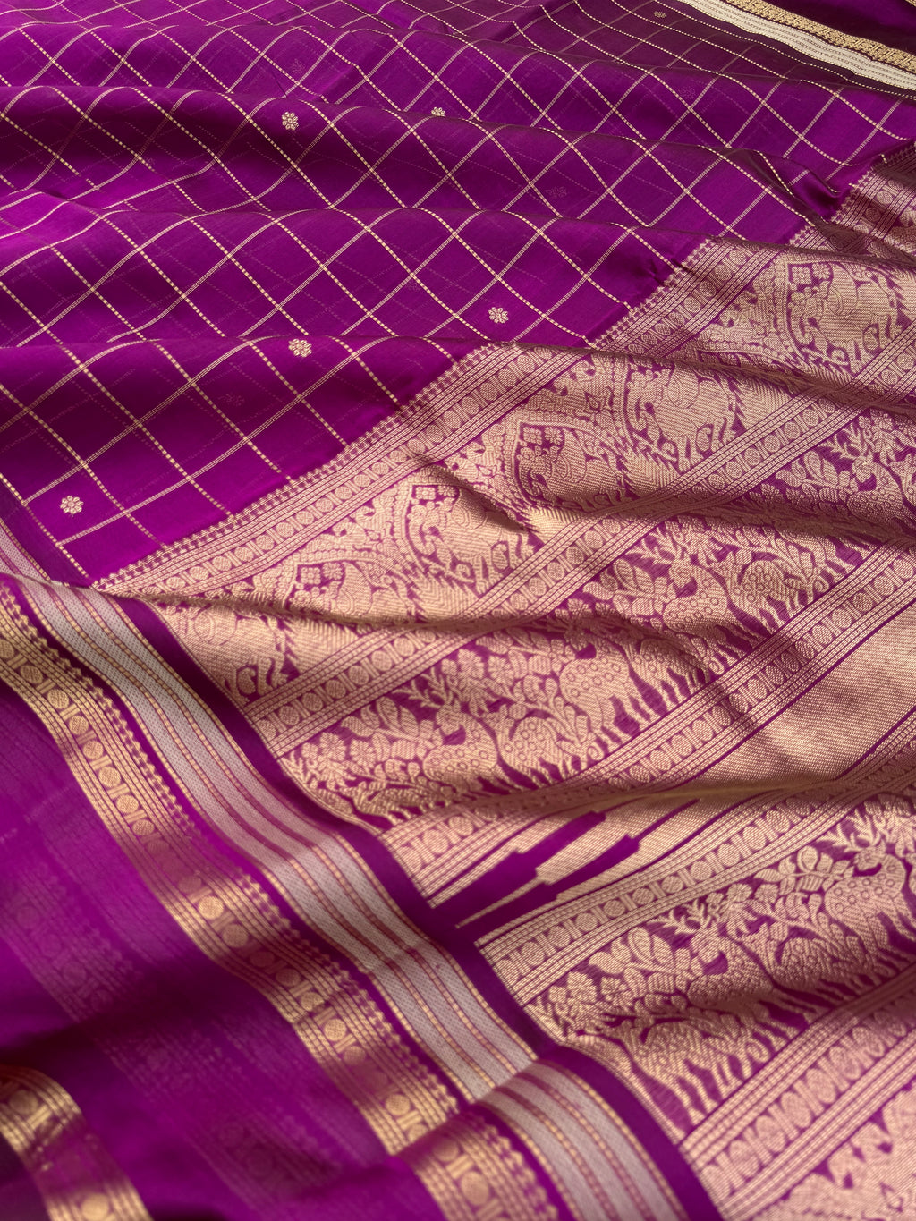 Zari Kissed Silk Cotton - deep purple with muthukattam buttas and wonderful pallu
