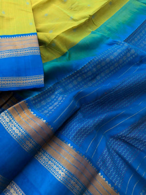 Divyam - Korvai Silk Cotton with Pure Silk Woven Borders - fresh green mixed yellow and blue is most beautiful