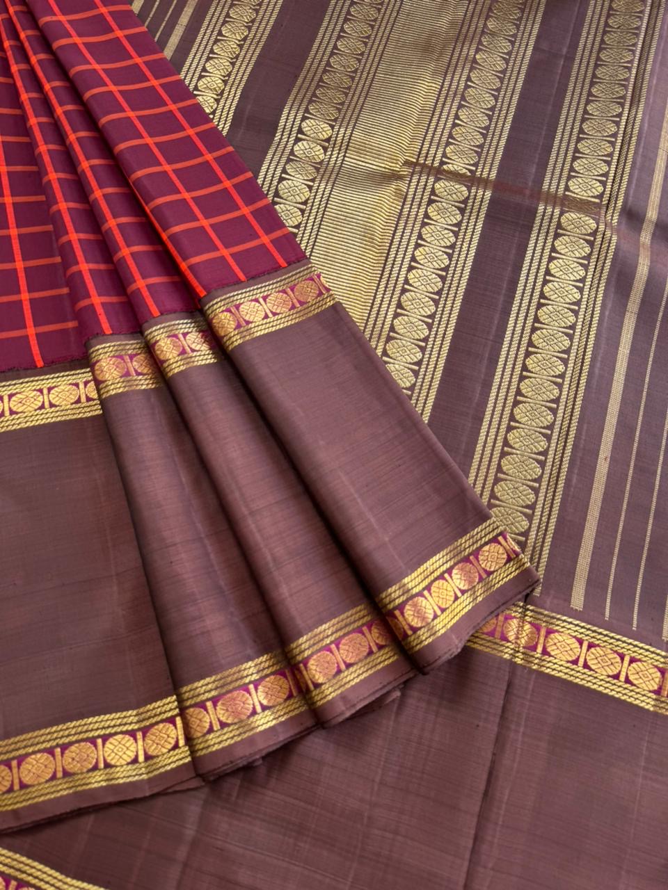 Tasteful Tall Border Kanchivarams - most beautiful maroon chex woven body with chocolate shaded korvai woven broad borders