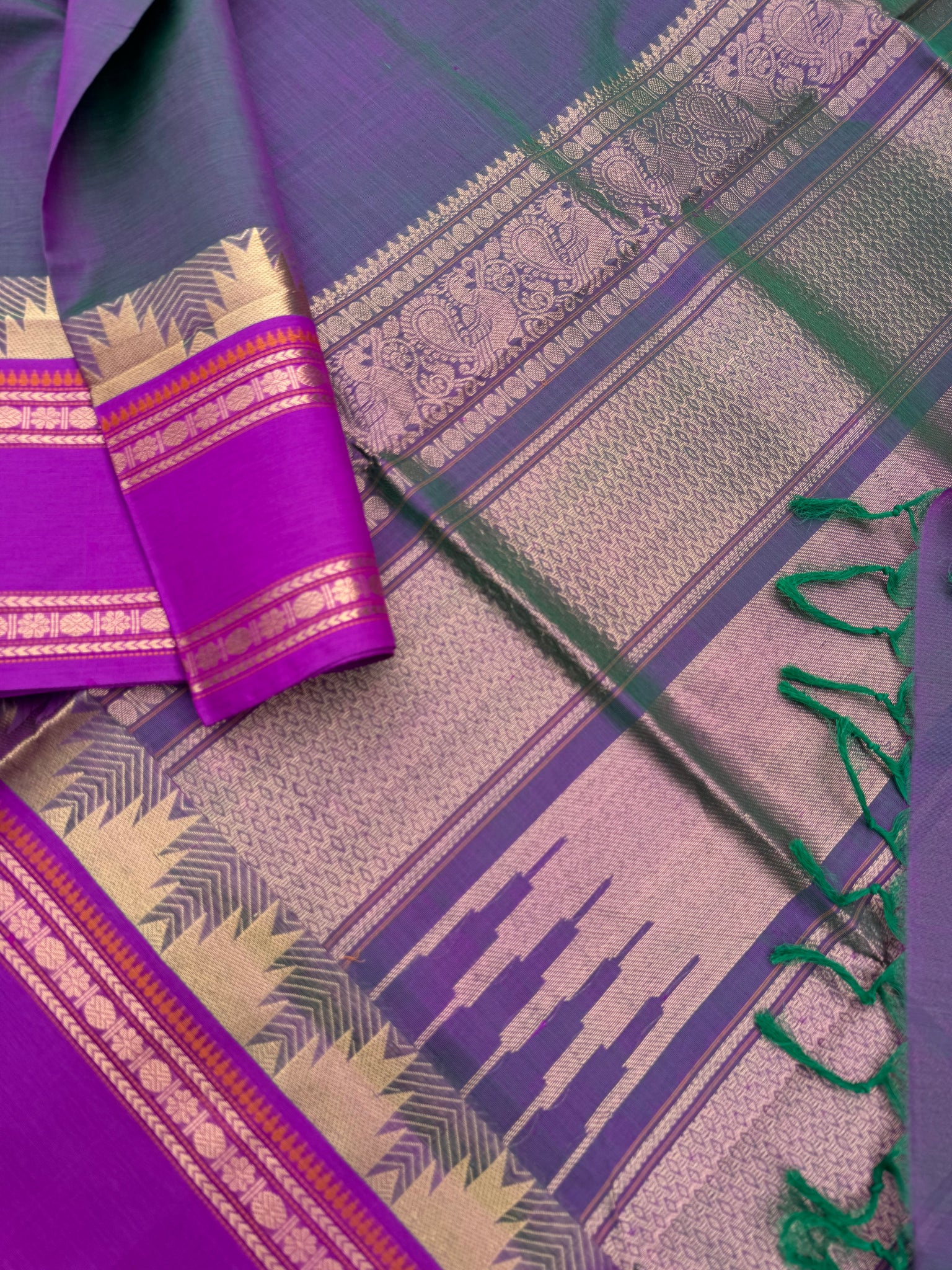 Zari Kissed Silk Cotton - dual tone green mixed pink