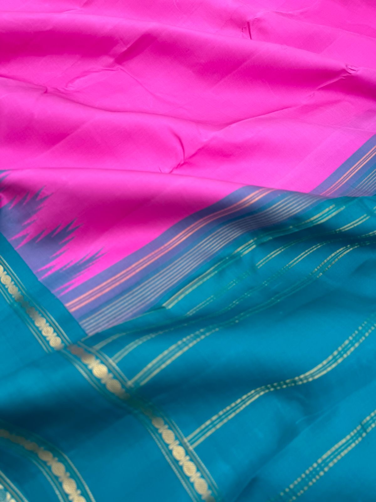 Rarest Korvai Kanchivaram - stunning rose milk pink and teal with retta pett woven borders