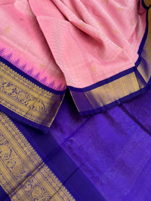 Korvai Silk Cottons - pastel baby pink and ink blue Zari kattam buttas
