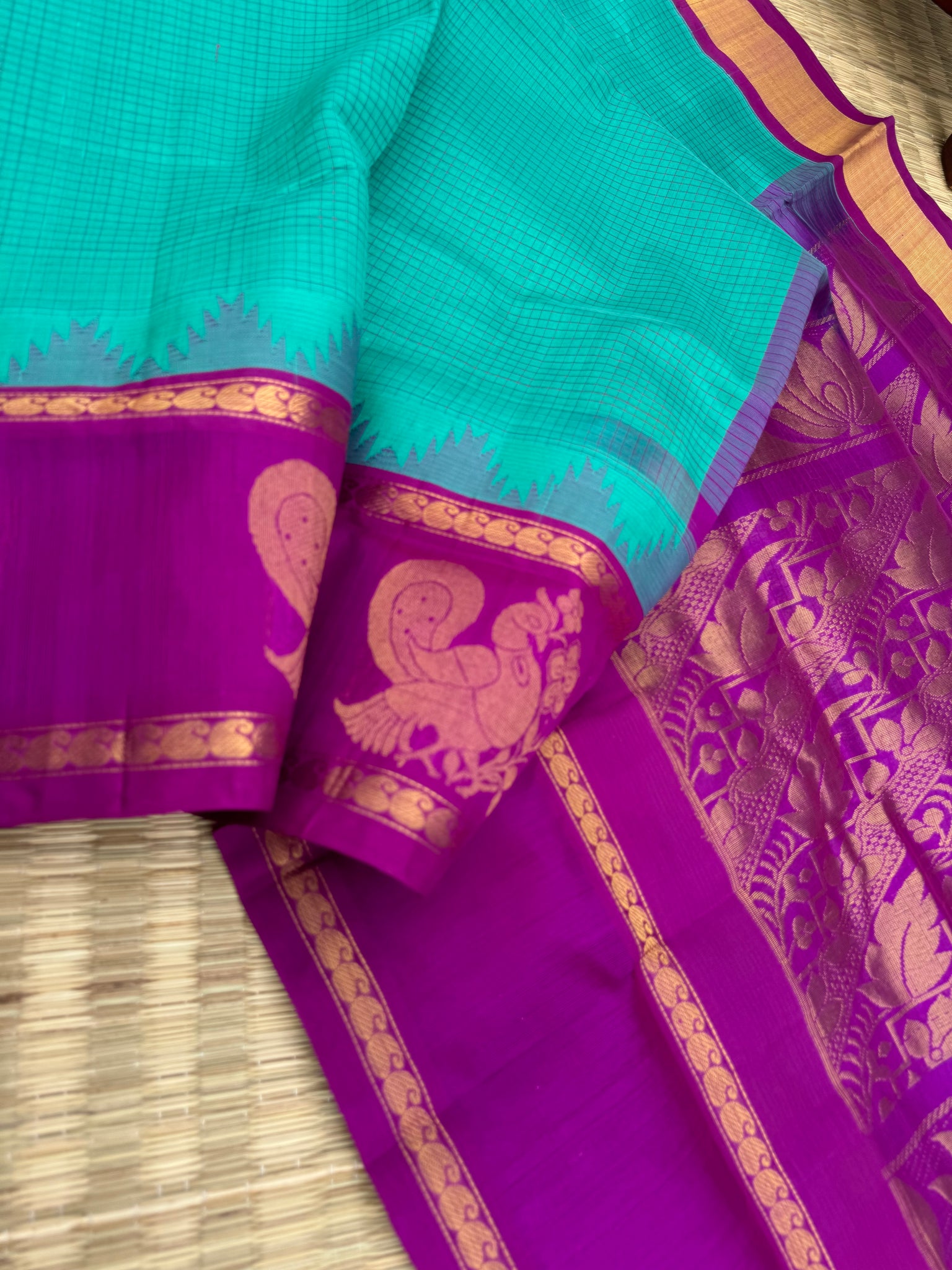 Korvai Silk Cottons - aqua blue and violet with border buttas