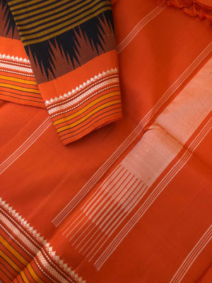 Connected by Korvai on Kanchivaram -beautiful vintage Black and rust valapoo stripes woven body with burnt orange pallu and blouse
