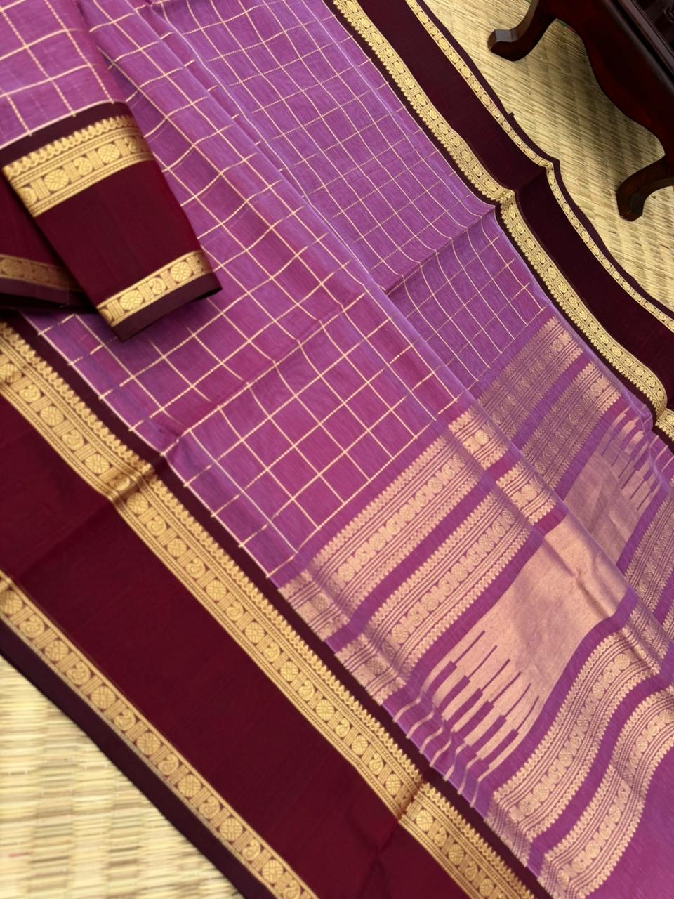 Zari Kissed Silk Cotton - a deep blackcurrant tone muthukattam with retta pett woven borders