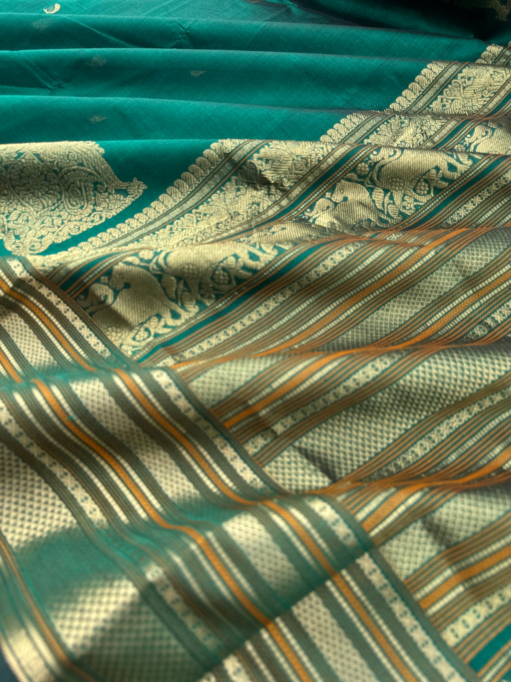 Zari Kissed Silk Cotton - deep dark forest green corner buttas