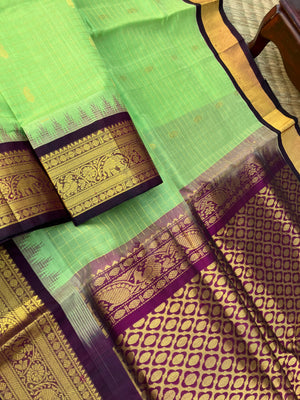 Korvai Silk Cotton - pastel pista ice cream and burgundy zari kattam