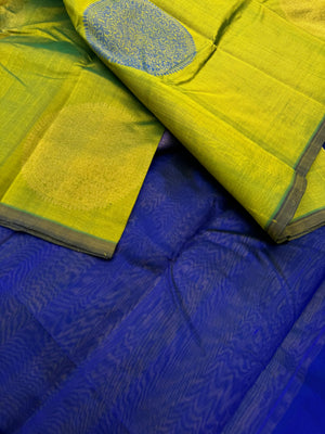 Woven Motifs Silk Cotton -fresh green and blue thamboolam thathu motifs borderless silk cotton