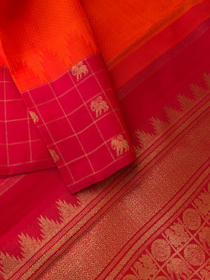 Yarn Play on Kanchivaram - orange and deep red with self weave woven body with chex buttas woven borders