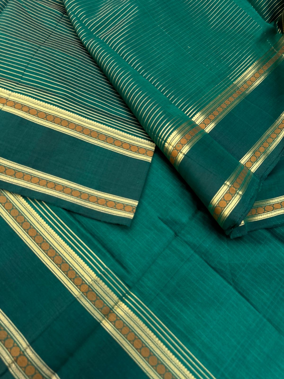 Dark Edition on Zari Kissed Silk Cotton - deep dark meenakshi green oosi strips woven