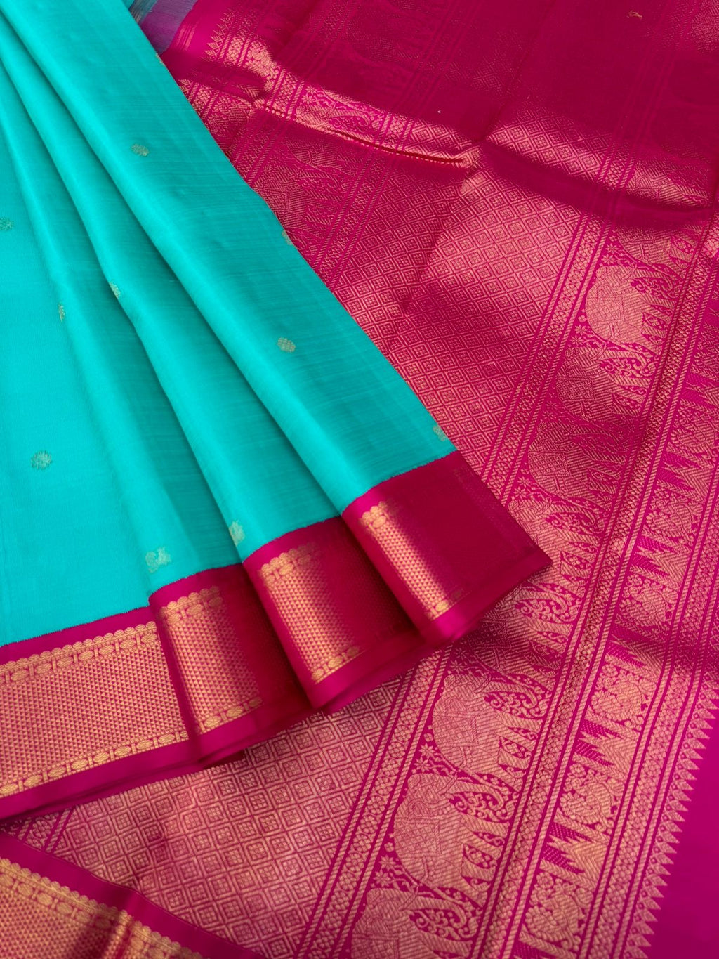 Kamakshi - Heirloom Korvai Kanchivaram - gorgeous turquoise blue and pink with aarai maadam woven borders