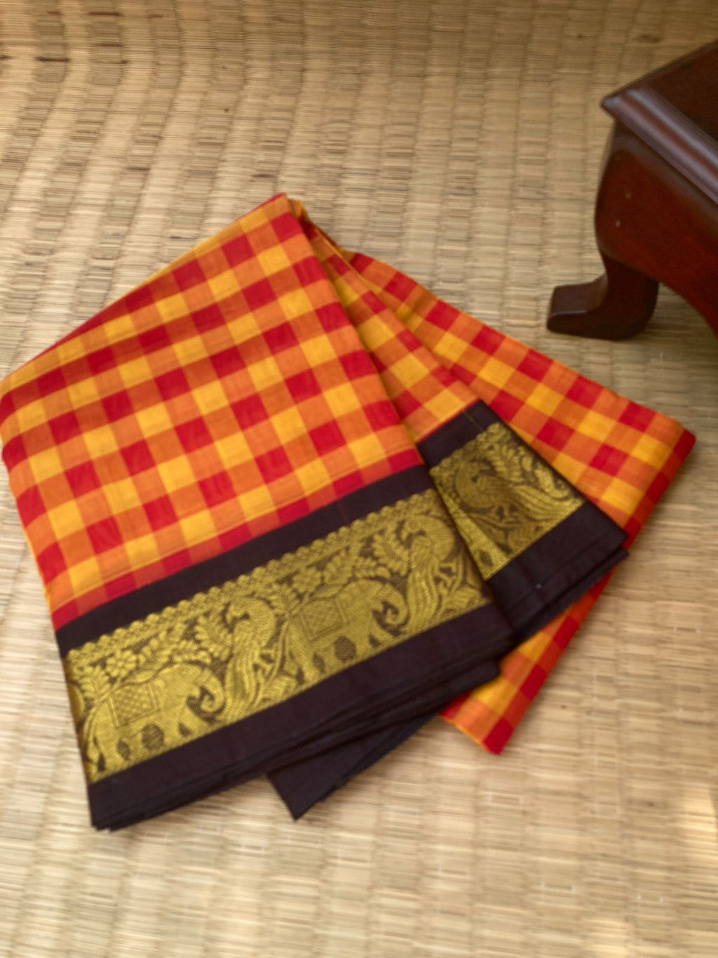 Paalum Palamum Kattams Korvai Silk Cottons - mustard and red chex with coffee bean