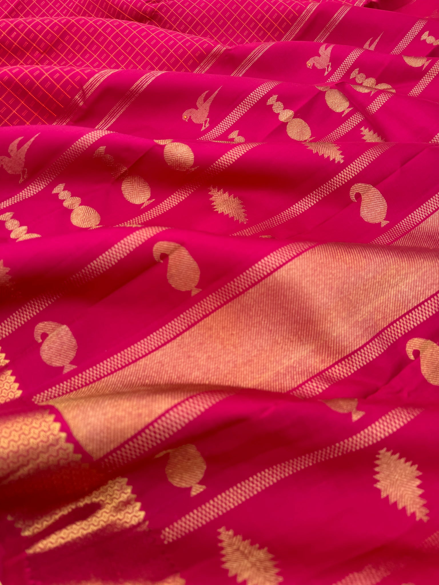 Haritham - Heirloom Yarn Play on Kanchivaram - a gorgeous kum kum red lakshadeepam with bomkai woven pallu and solid gold zari woven borders