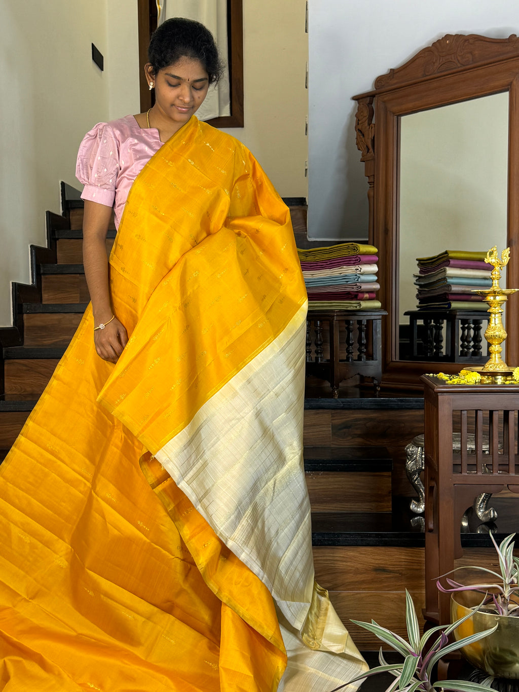 Mohaa - Beautiful Borderless Kanchivaram - a stunning golden mustard ivory