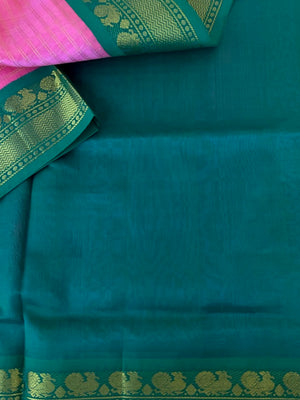 Korvai Silk Cotton -pink and green zari kattam