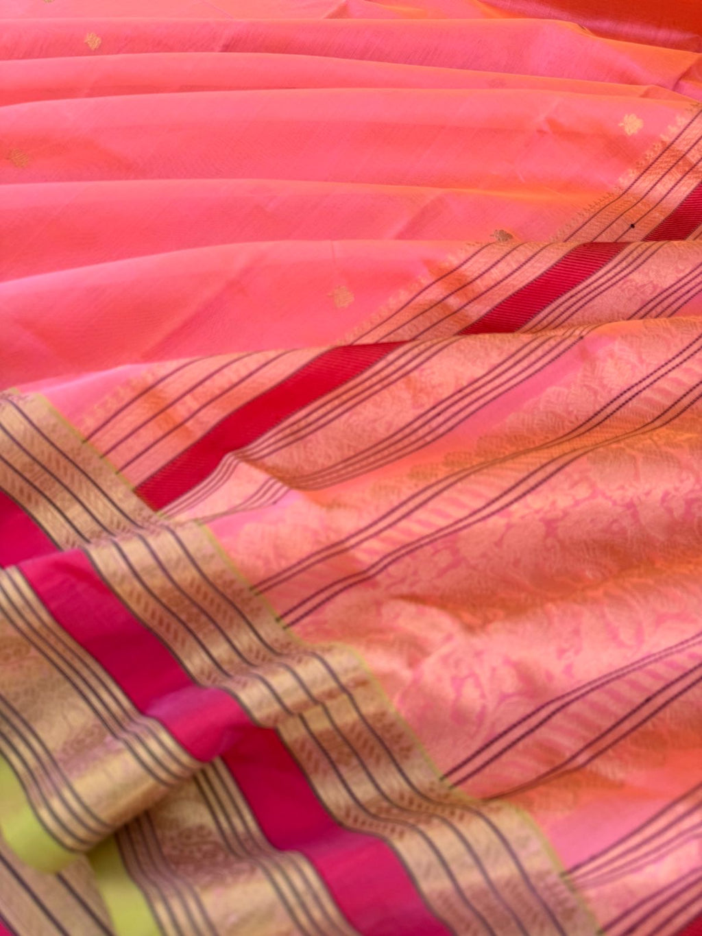Pastels on Zari Kissed Silk Cotton - a stunning rare find pastel kanakambaram pink mixed orange
