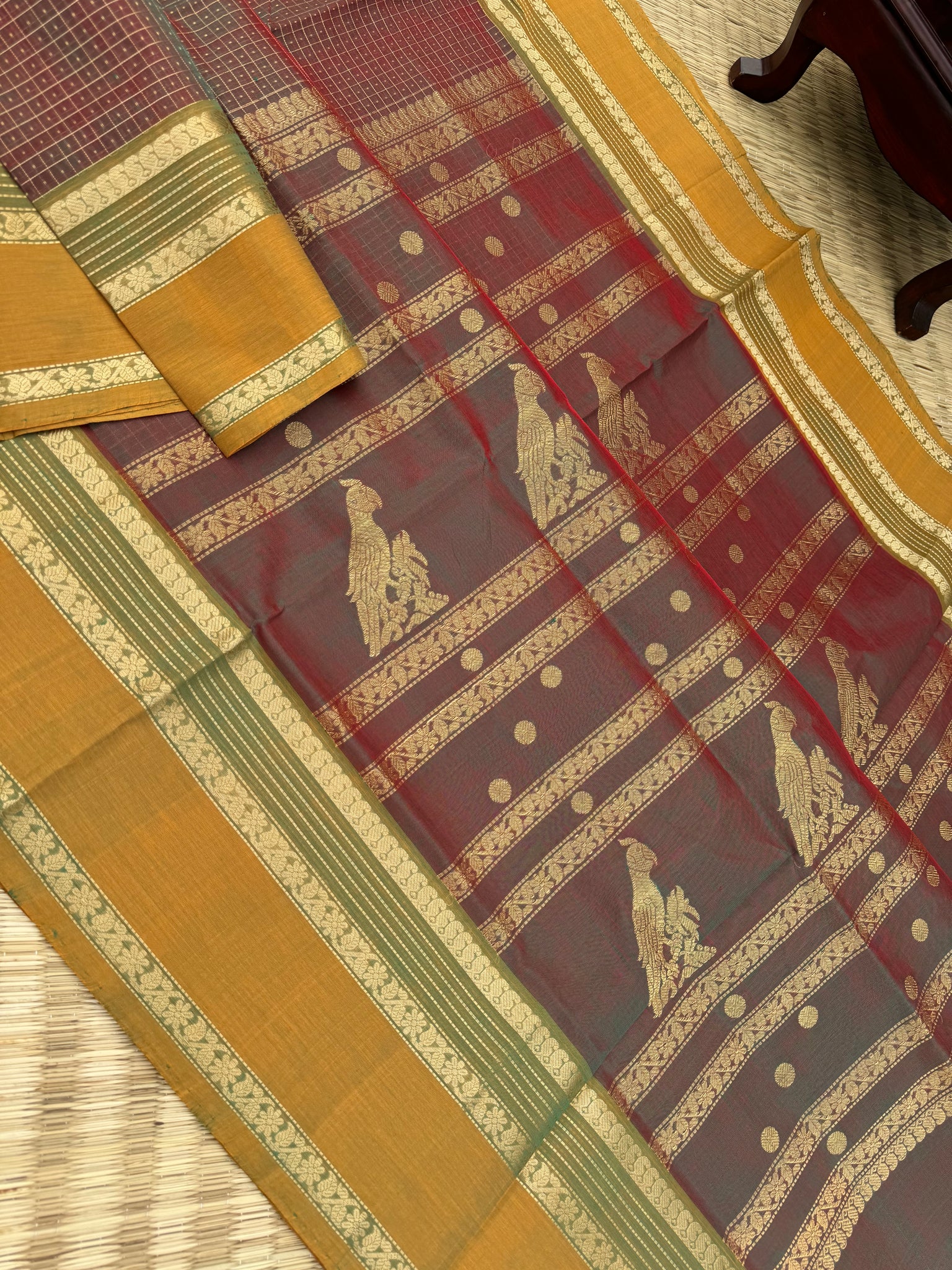 Zari Kissed Silk Cotton - perfect new mango leaf lakshadeepam with long parrots woven pallu