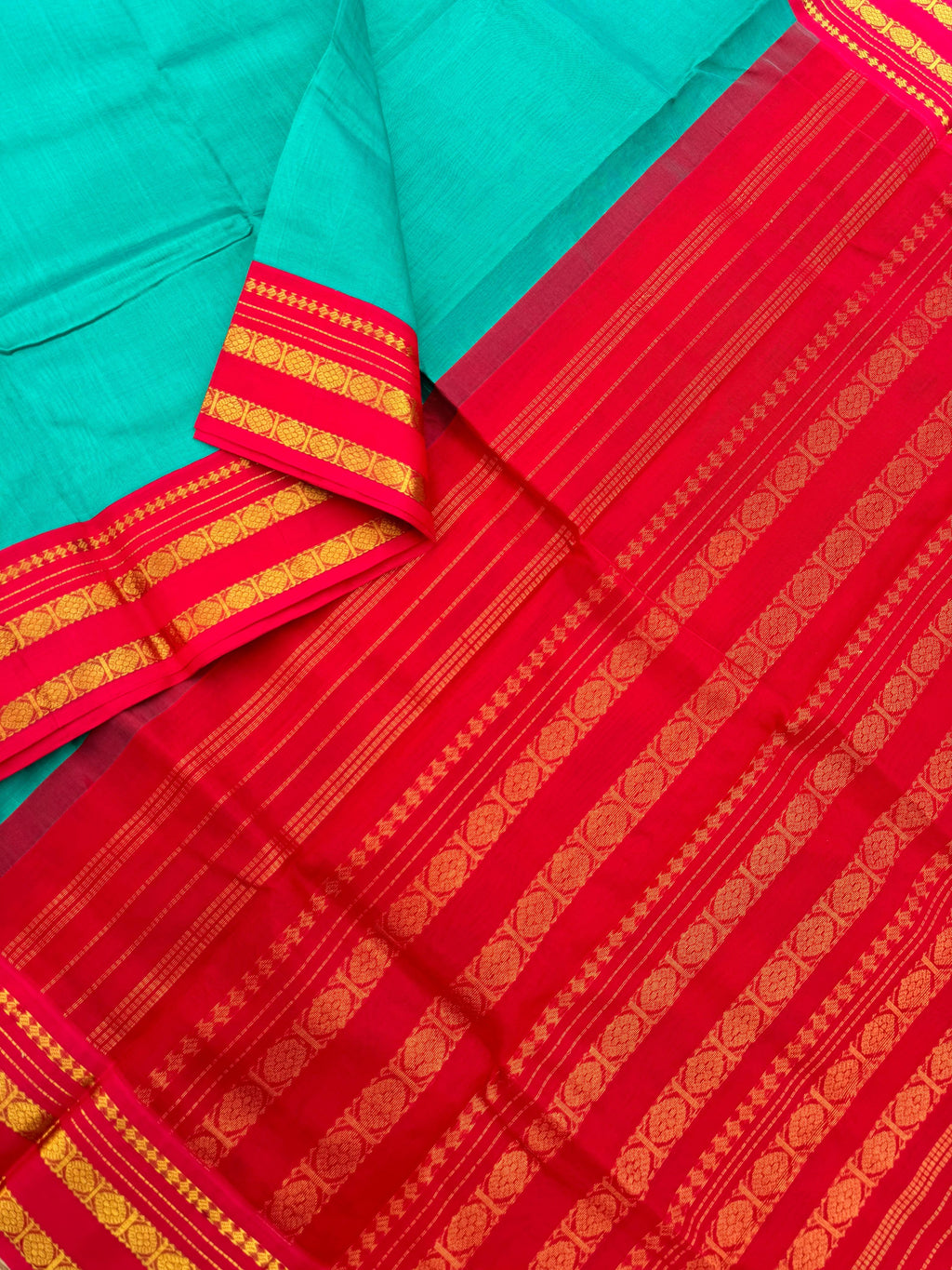 Korvai Silk Cottons -teal and red plain body