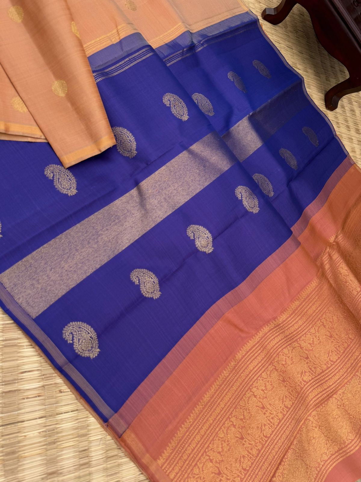 Mohaa - Rarest Borderless Kanchivarams - a pastel pale peach with two weave woven unique pallu