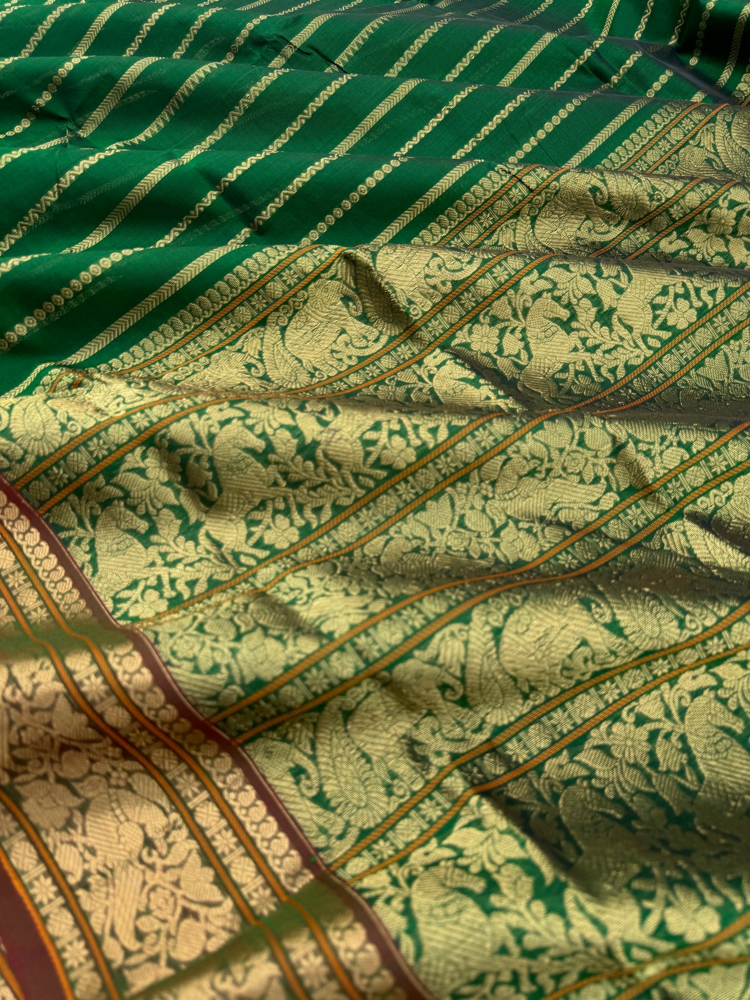Zari Kissed Silk Cotton - a stunning meenakshi green vertical veldhari