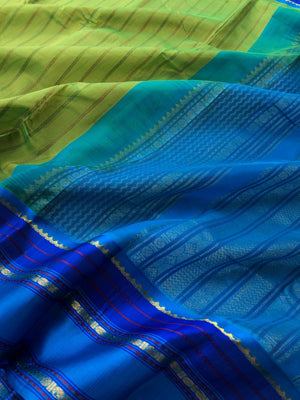 Divyam - Korvai Silk Cotton with Pure Silk Woven Borders - apple green and blue vertical veldhari
