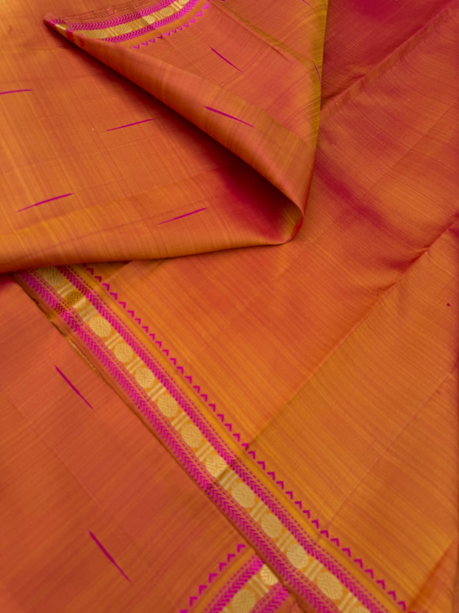 Woven from Memories - Stunning No Zari Kanchivarams - a rusty orange rain drops woven buttas with small classic vintage borders