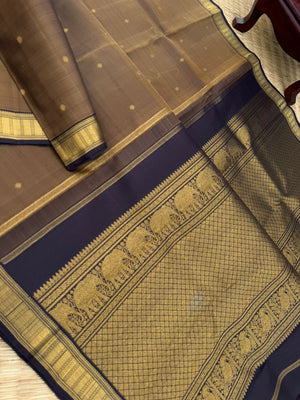 Leela - The bliss of small border Kanchivarams - very rare metallic bronze black coffee tone