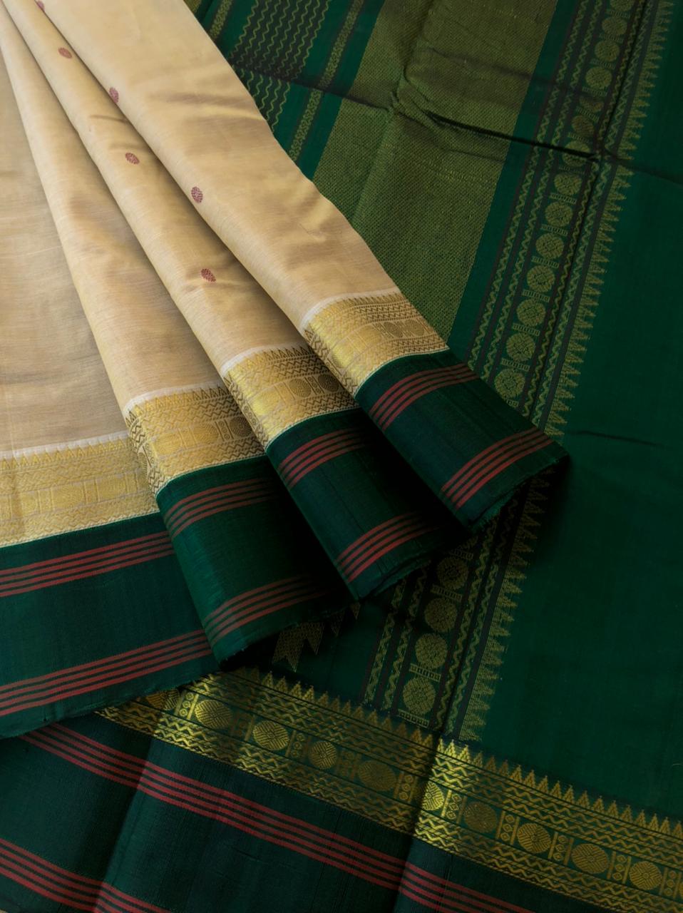 Divyam - Korvai Silk Cotton with Pure Silk Woven Borders - deep beige and Meenakshi green